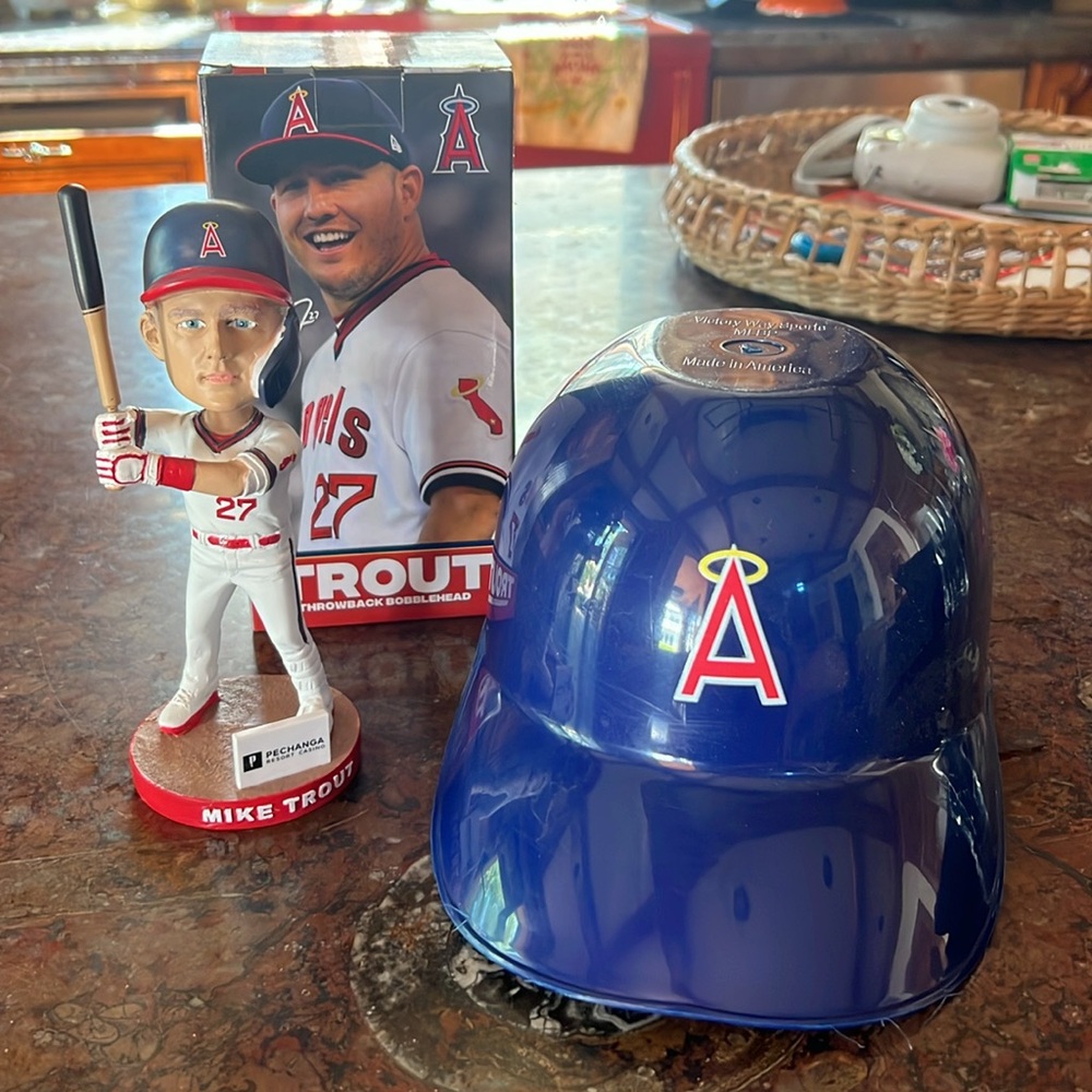 Mike Trout throwback bobblehead and plastic nacho hat container